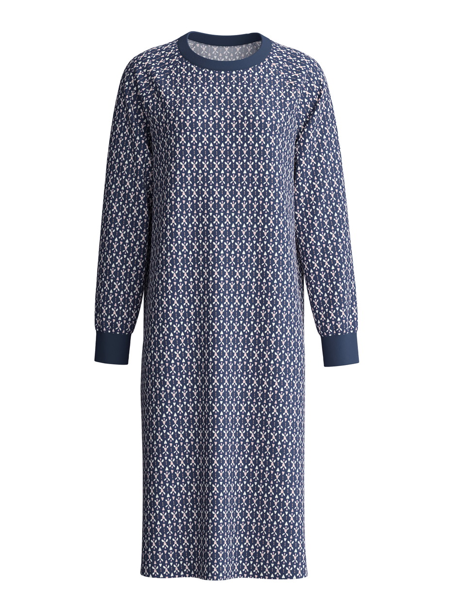 Damen - Langarm-Nachthemd, Länge 110 cm aus 100% Baumwolle in Blau, Gemustert aus Serie Midnight Hearts von CALIDA