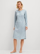 Women model is wearing Long-sleeve nightdress, length 110 cm made of 100% Cotton in Blue, Patterned from the Midnight Dreams series by CALIDA, Front view