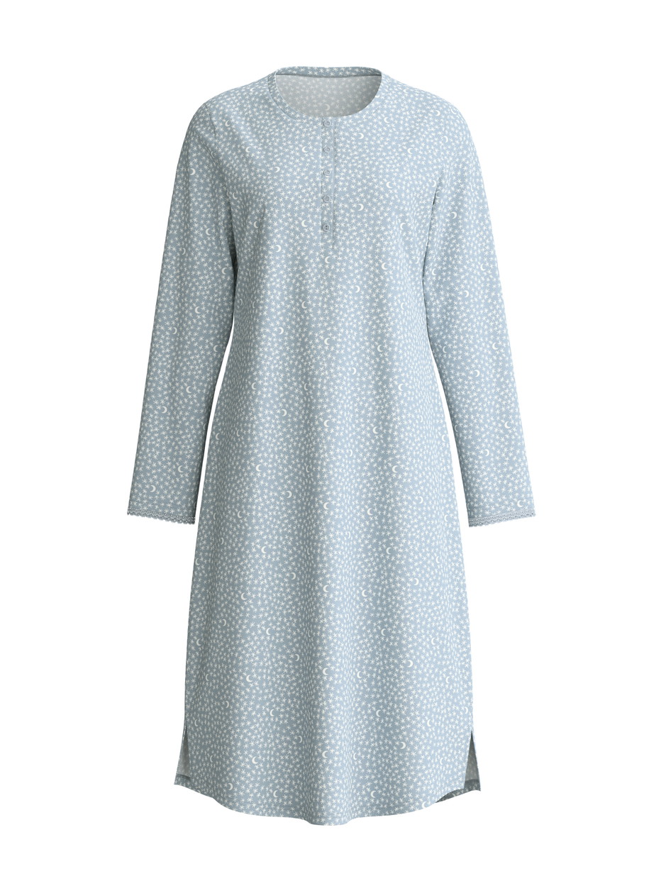 Women - Long-sleeve nightdress, length 110 cm made of 100% Cotton in Blue, Patterned, from the Midnight Dreams series by CALIDA