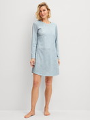 Women model is wearing Long-sleeve nightdress, length 95 cm made of 100% Cotton in Blue, Patterned from the Midnight Dreams series by CALIDA, Front view