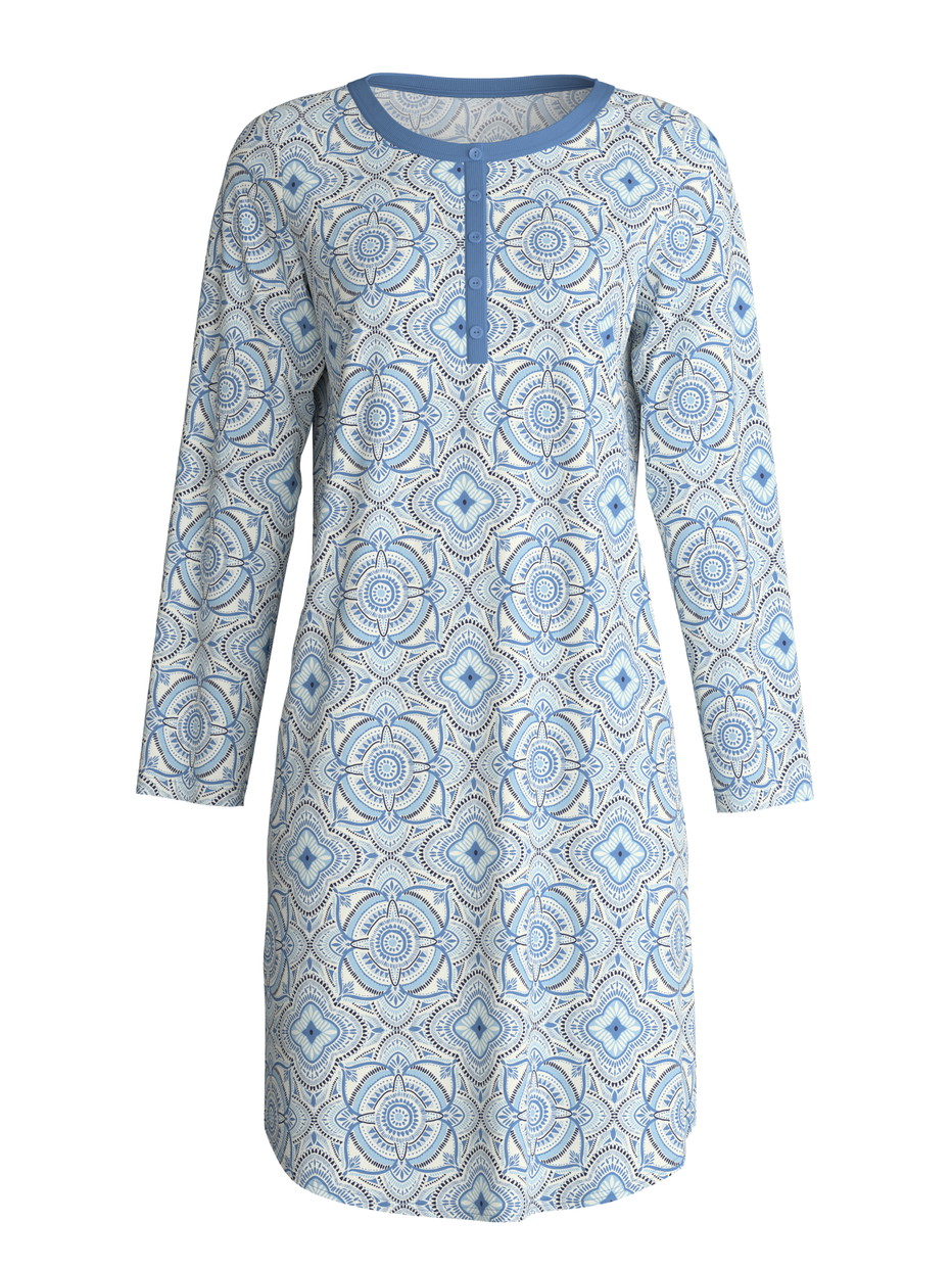 Women - Long Sleeve Nightdress – 100 cm Length made of 100% Cotton in Blue, Patterned, from the Cotton Special series by CALIDA