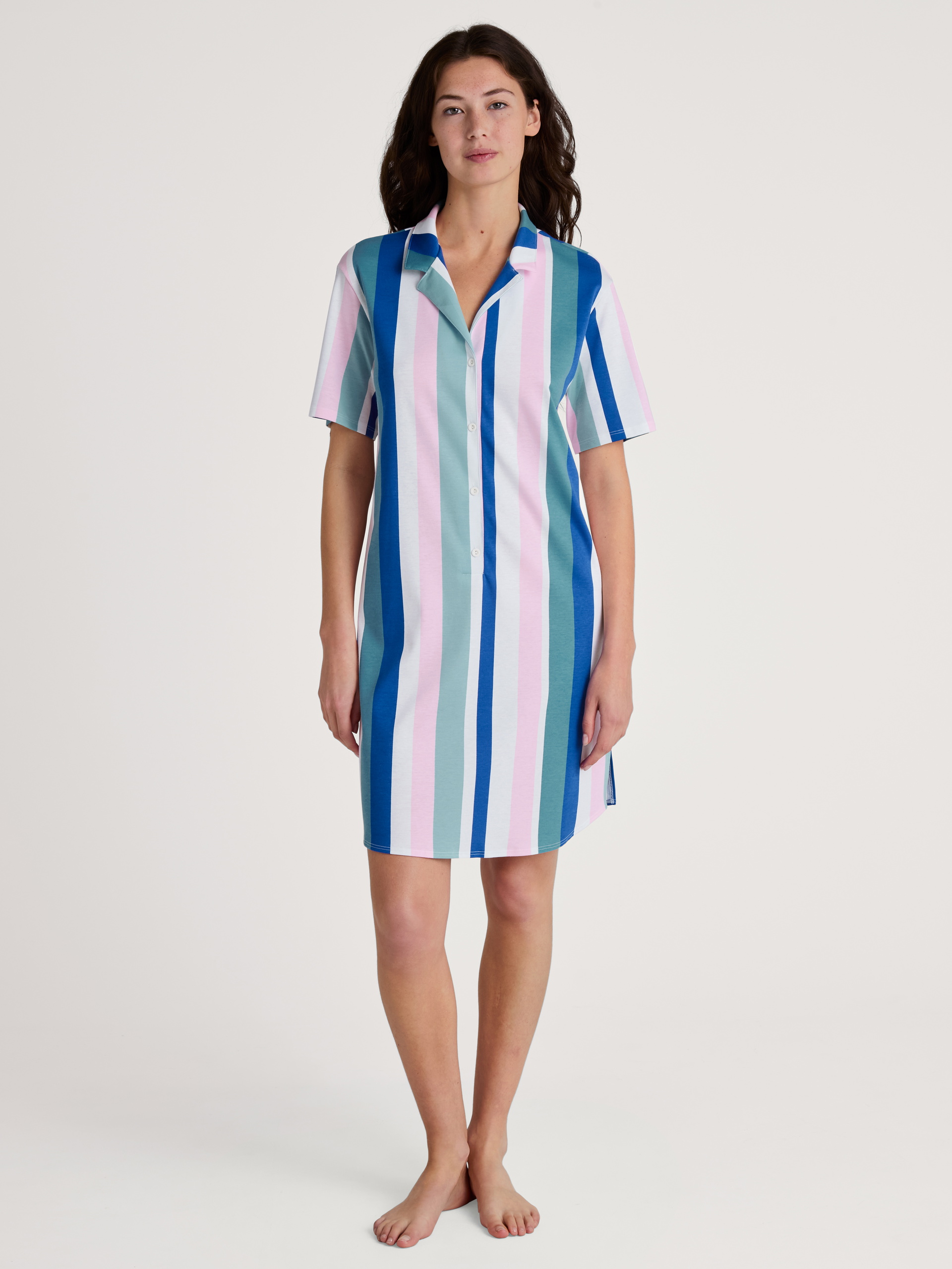 Women model is wearing Short-sleeved nightdress, length 95 cm made of 100% Cotton in Turquoise, Striped from the Favourites Coast series by CALIDA, Front view