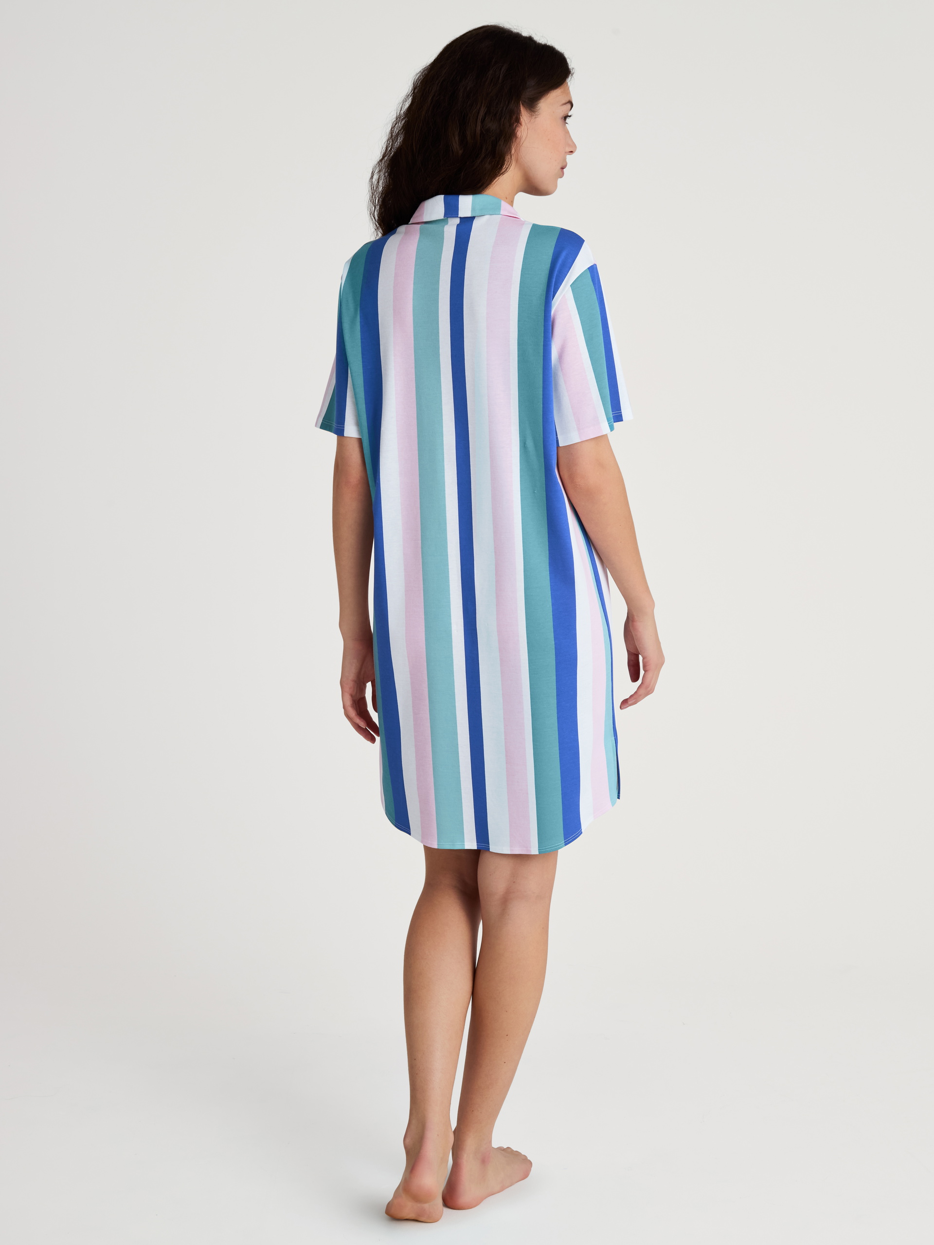 Women model is wearing Short-sleeved nightdress, length 95 cm made of 100% Cotton in Turquoise, Striped from the Favourites Coast series by CALIDA, Back view