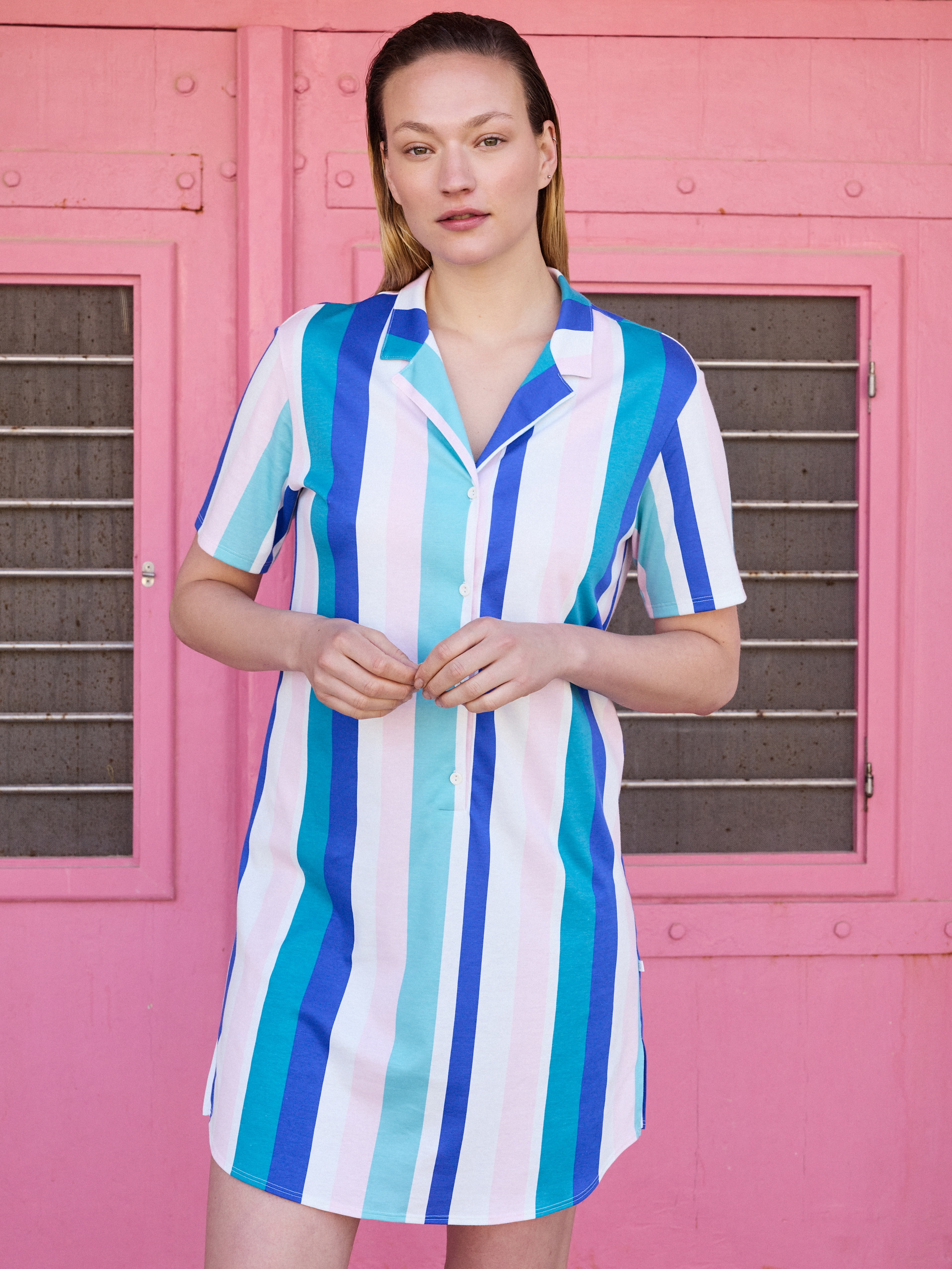 Women model is wearing Short-sleeved nightdress, length 95 cm made of 100% Cotton in Turquoise, Striped from the Favourites Coast series by CALIDA, Front view