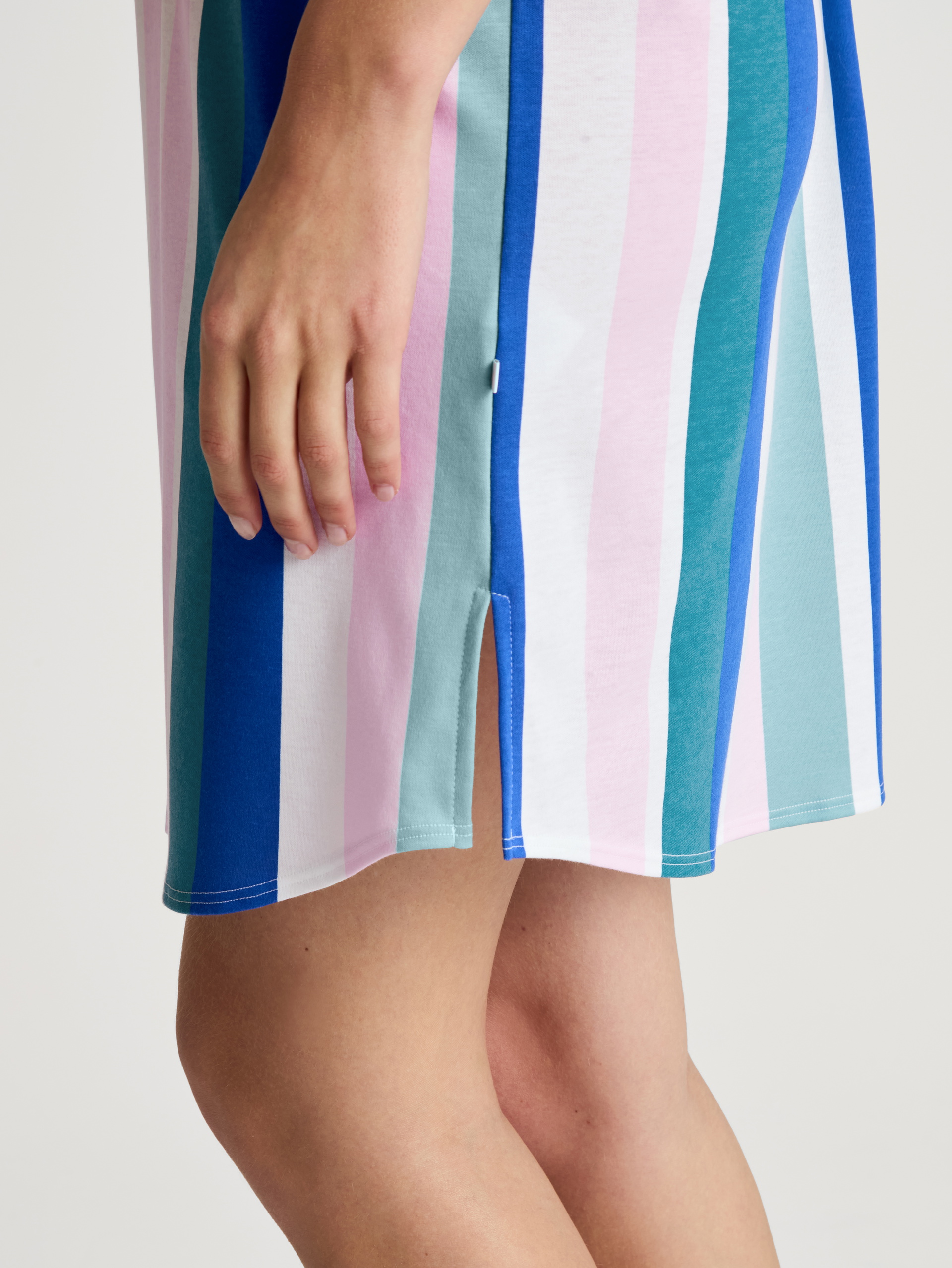 Women model is wearing Short-sleeved nightdress, length 95 cm made of 100% Cotton in Turquoise, Striped from the Favourites Coast series by CALIDA, Detail