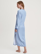 Women model is wearing Long Sleeve Nightdress – 130 cm Length made of 100% Cotton in Blue, Striped from the Midnight Stripes series by CALIDA, Back view