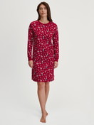 Women model is wearing Long Sleeve Nightdress – 100 cm Length made of 100% Cotton in Red, Patterned from the Family & Friends series by CALIDA, Front view
