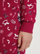 Women model is wearing Long Sleeve Nightdress – 100 cm Length made of 100% Cotton in Red, Patterned from the Family & Friends series by CALIDA, Detail
