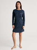 Women model is wearing Long Sleeve Nightdress – 95 cm Length made of 100% Cotton in Blue, Motif from the Sweet Dreams series by CALIDA, Front view