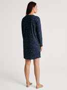 Women model is wearing Long Sleeve Nightdress – 95 cm Length made of 100% Cotton in Blue, Motif from the Sweet Dreams series by CALIDA, Back view
