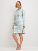 Women model is wearing Long Sleeve Nightdress – 95 cm Length made of 100% Cotton in Turquoise, Patterned from the Sweet Dreams series by CALIDA, Front view