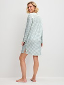 Women model is wearing Long Sleeve Nightdress – 95 cm Length made of 100% Cotton in Turquoise, Patterned from the Sweet Dreams series by CALIDA, Back view