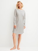 Women model is wearing Long Sleeve Nightdress – 95 cm Length made of 100% Cotton in Beige, Striped from the Sweet Dreams series by CALIDA, Front view
