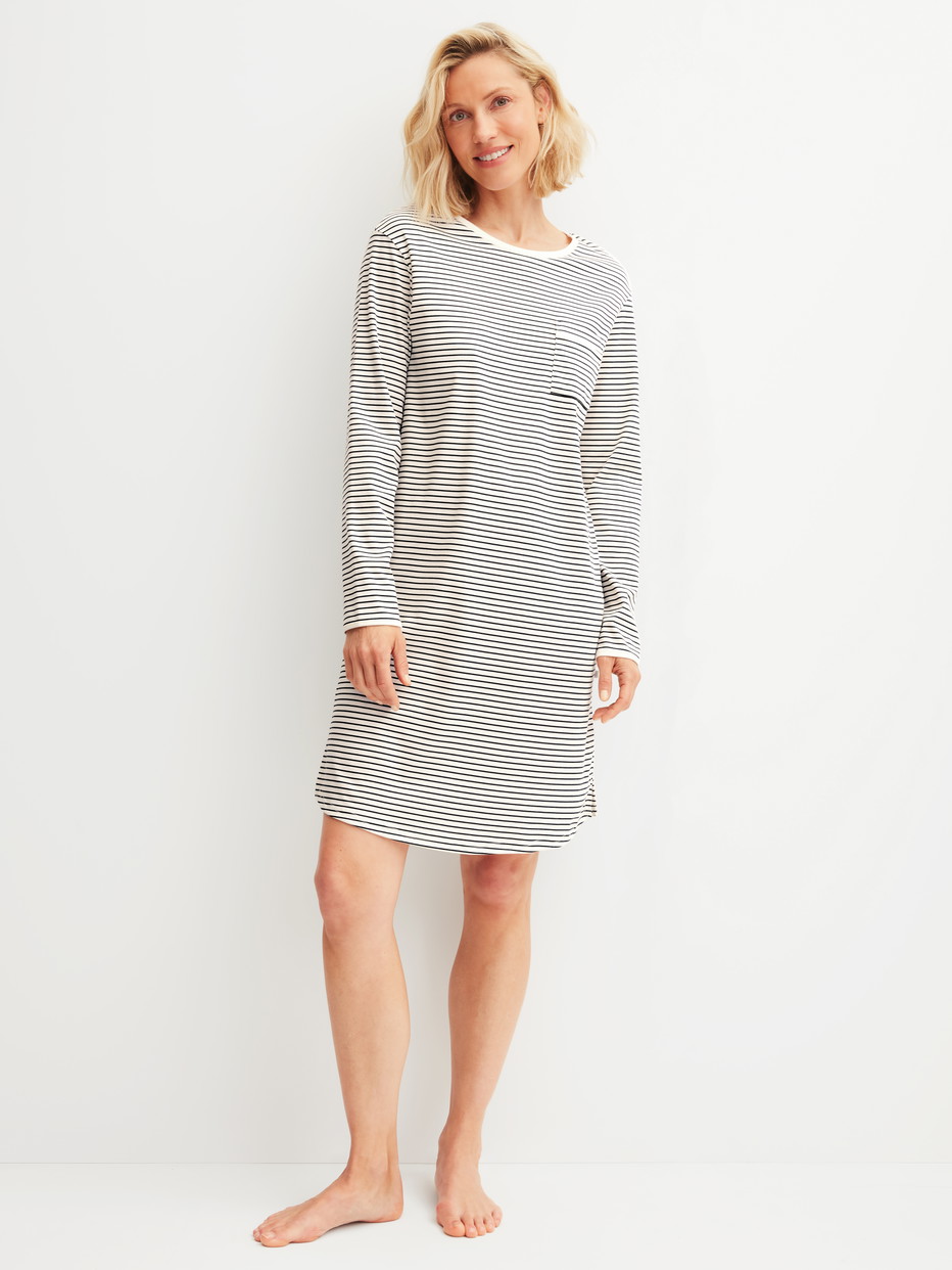 Women model is wearing Long Sleeve Nightdress – 95 cm Length made of 100% Cotton in Beige, Striped from the Sweet Dreams series by CALIDA, Front view