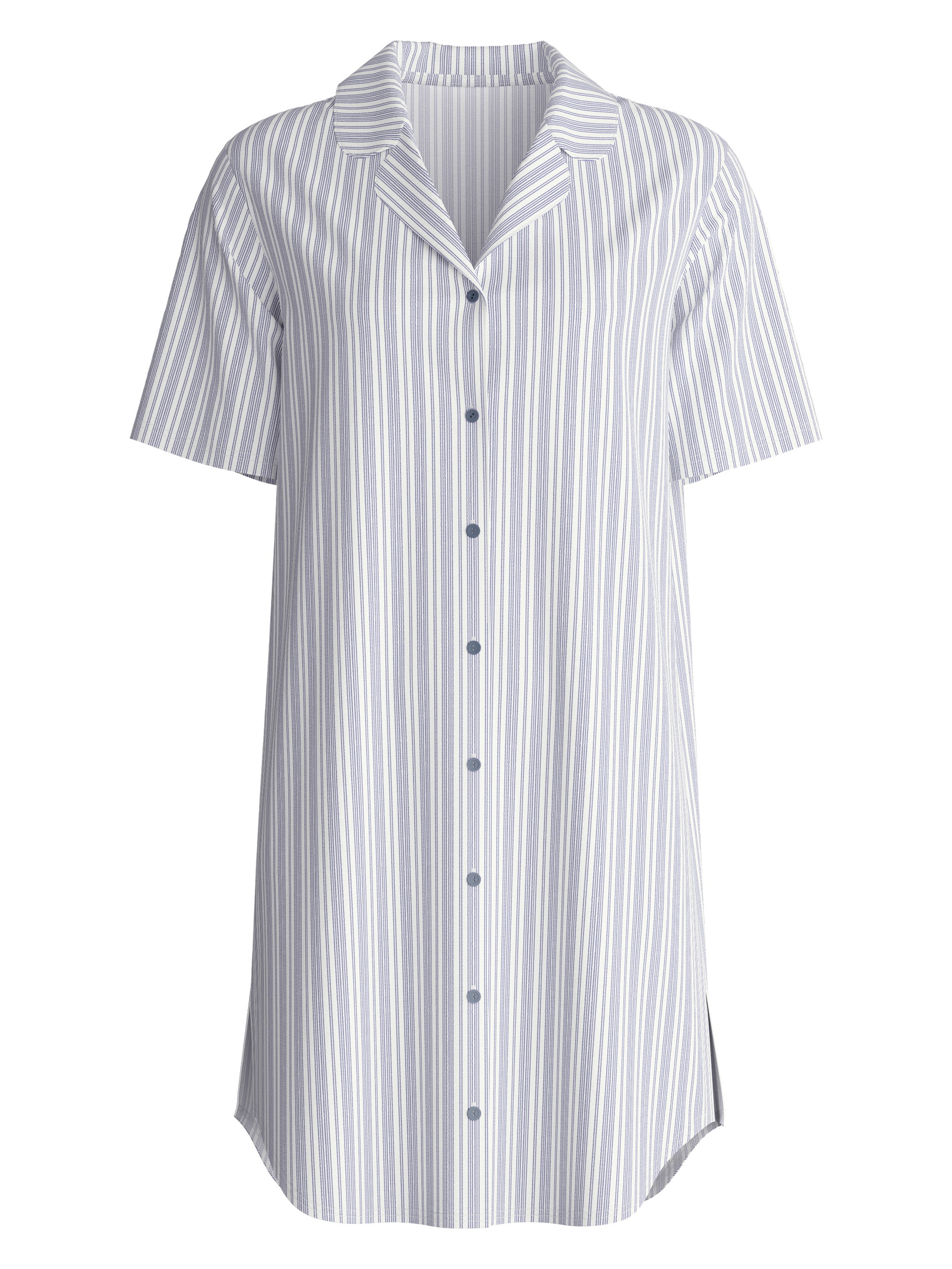 Damen - Kurzarm-Nachthemd mit Knöpfen, Länge 95 cm aus 100% Baumwolle in Blau, Gestreift aus Serie Striped Dreams von CALIDA