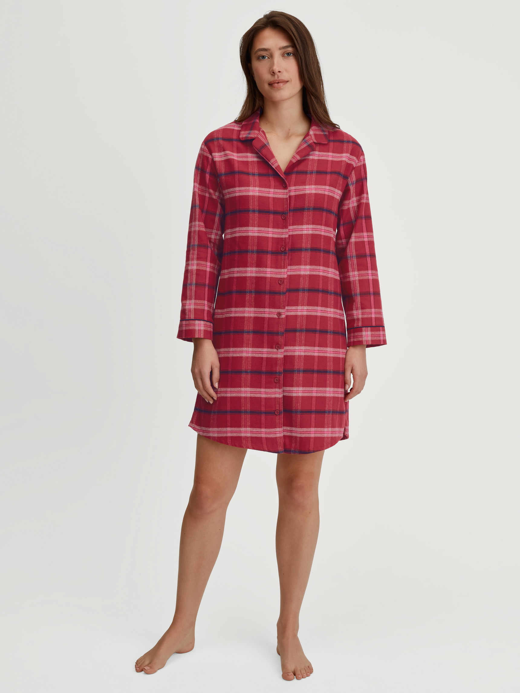 Women model is wearing Flannel nightdress, length 95 cm made of 100% Cotton in Red, Checked from the Holiday Dreams series by CALIDA, Front view