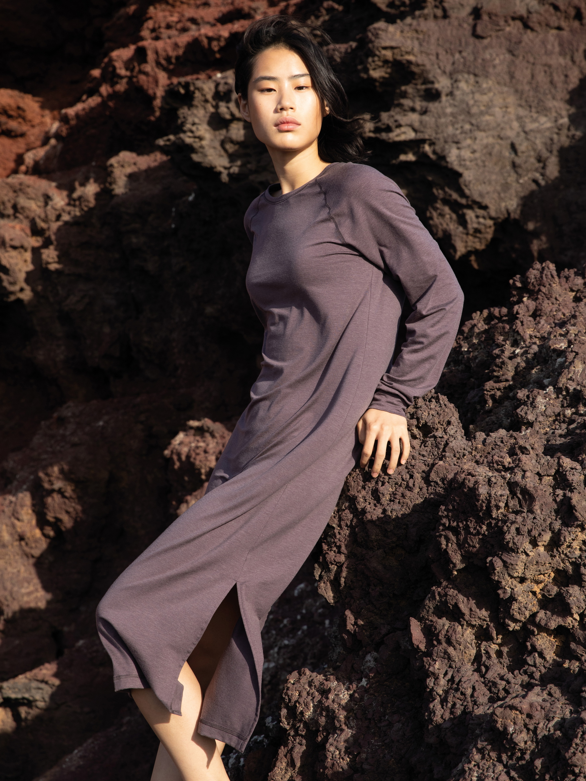 Women model is wearing Nightdress made of Lyocell in Purple, Unicoloured from the DSW Warming series by CALIDA, Additional Image
