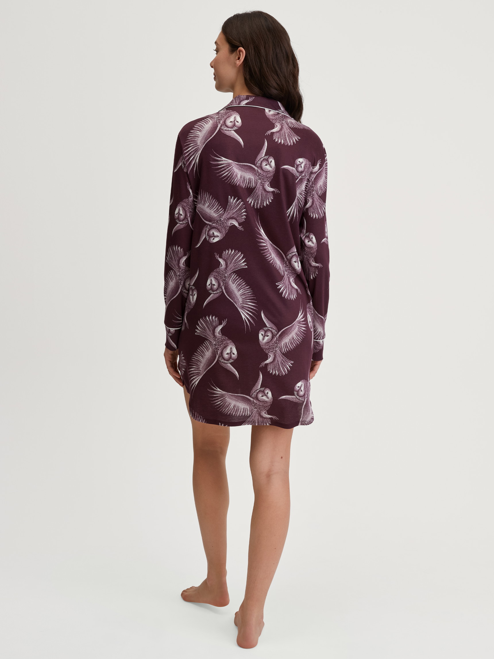 Women model is wearing Long Sleeve Nightdress in TENCEL™ Modal and Silk made of Modal in Red, Floral from the Moonlight Dreams series by CALIDA, Back view