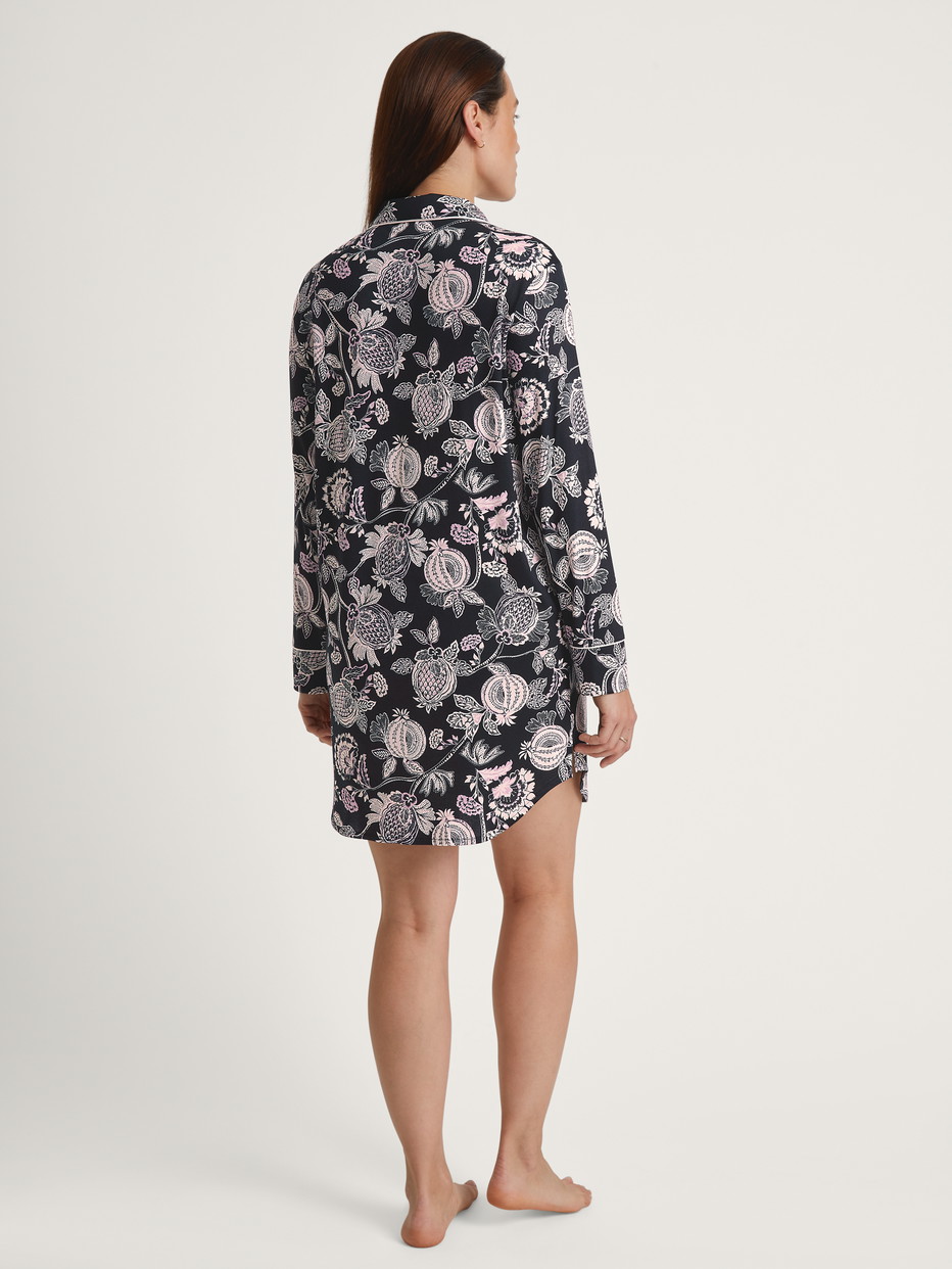 Women model is wearing Long Sleeve Nightdress in TENCEL™ Modal and Silk made of Modal in Black, Floral from the Moonlight Dreams series by CALIDA, Back view