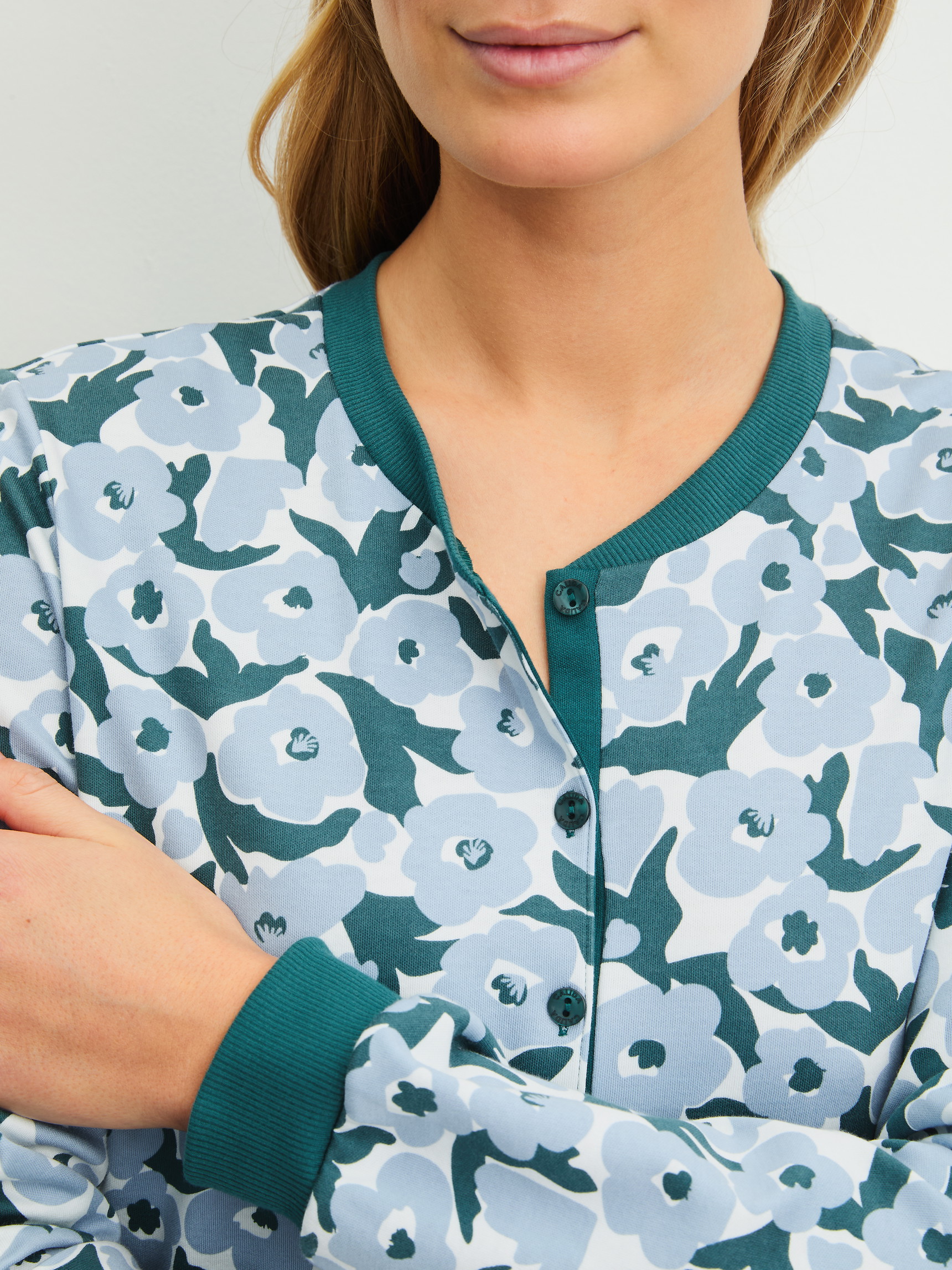 Women model is wearing  made of 100% Cotton in Turquoise, Floral from the Midnight Flowers series by CALIDA, Detail