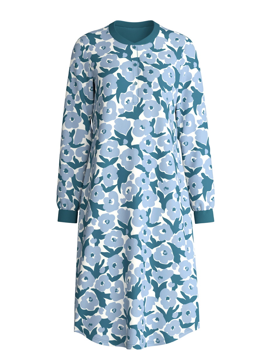 Damen - Langarm-Nachthemd, Länge 110 cm aus 100% Baumwolle in Türkis, Floral aus Serie Midnight Flowers von CALIDA