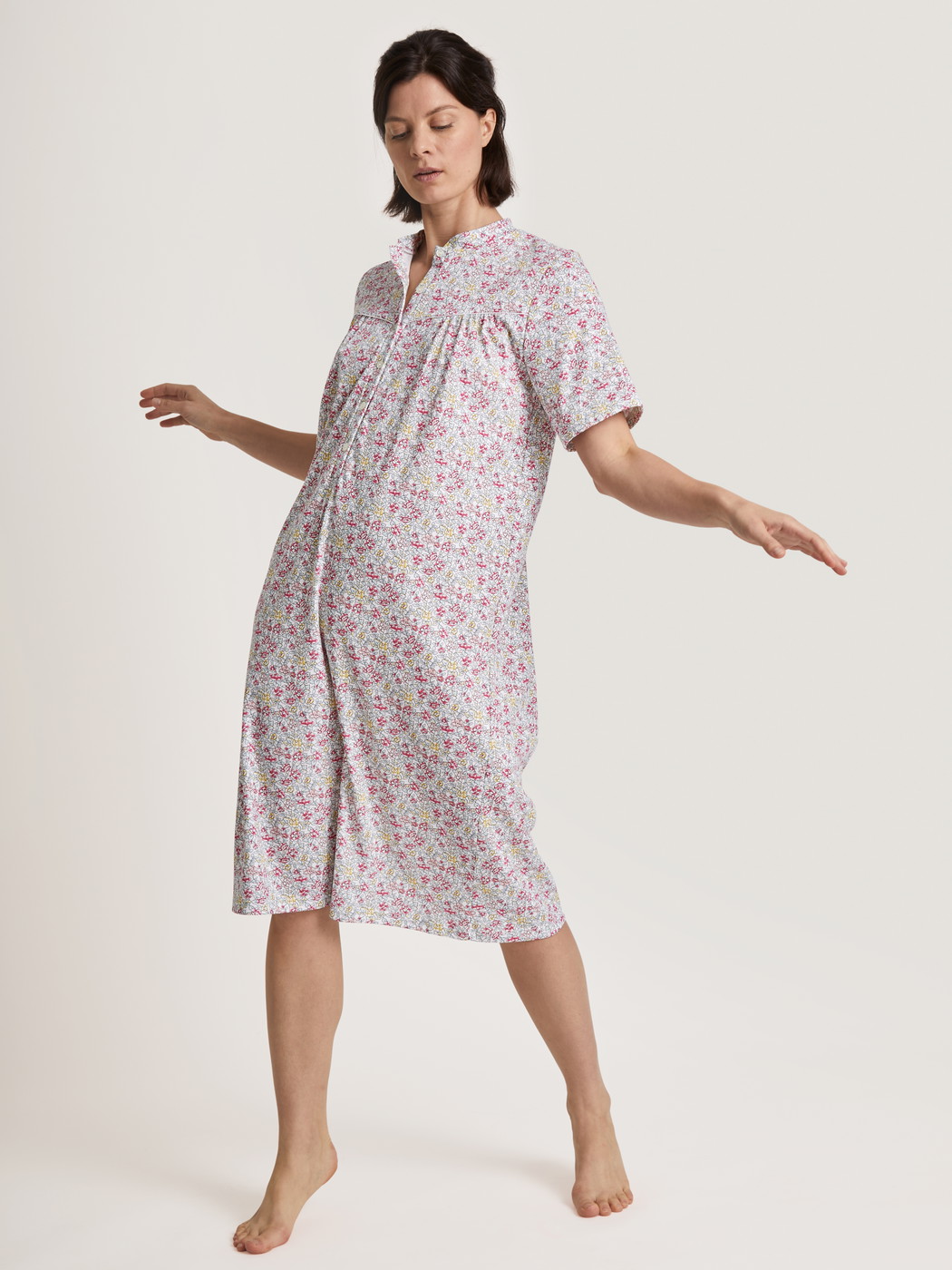 Women model is wearing Nightdress, length 110 cm made of 100% Cotton in Pink, Floral from the Soft Cotton series by CALIDA, Additional Image