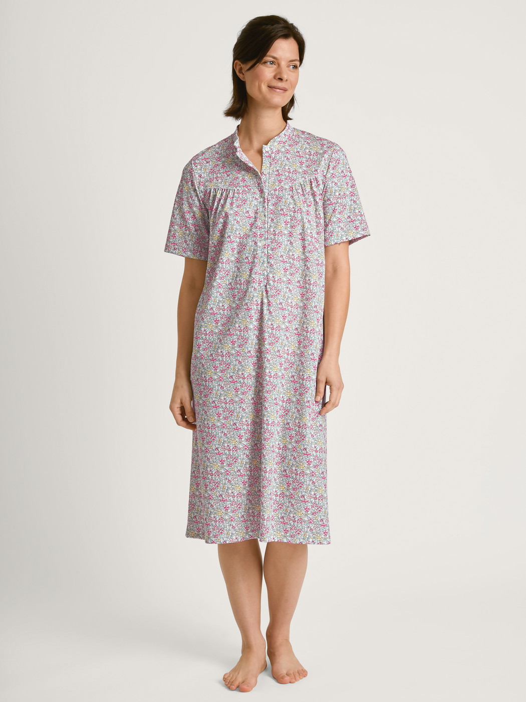 Women model is wearing Nightdress, length 110 cm made of 100% Cotton in Pink, Floral from the Soft Cotton series by CALIDA, Front view