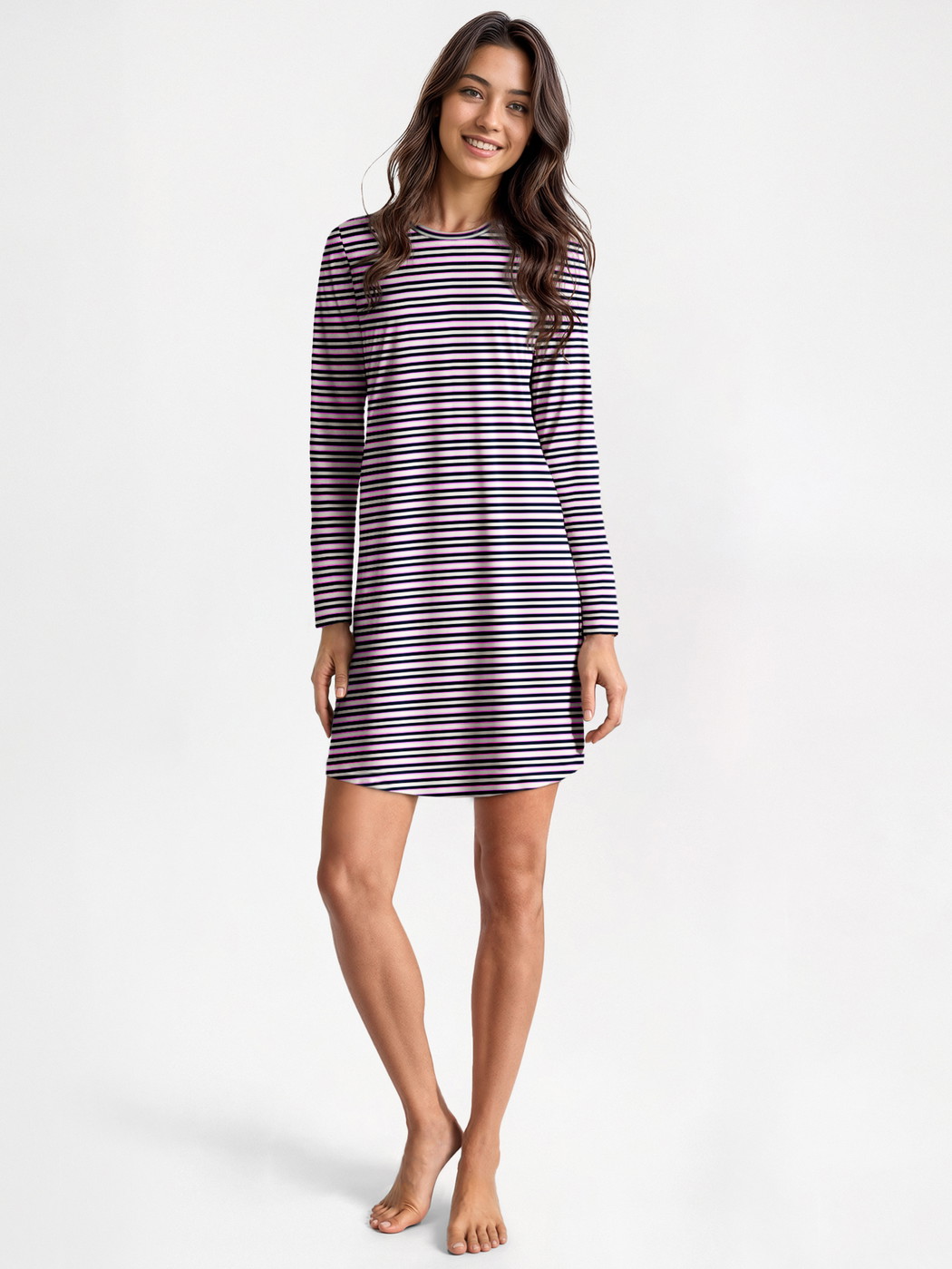 Women model is wearing Long Sleeve Nightdress – 95 cm Length made of 100% Cotton in Blue, Striped from the Nightwear Xtra series by CALIDA, Front view, AI-generated image
