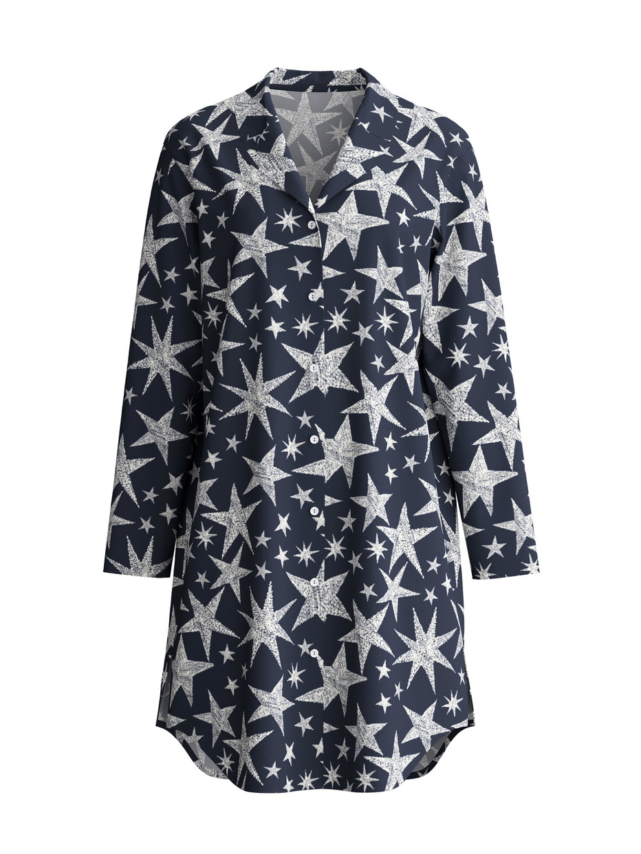 Femme - Chemise de nuit manches longues boutonnée, longueur 95 cm en 100% coton de couleur Bleu, Motif, de la série Winter Dreams de CALIDA