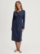Women model is wearing Long Sleeve Nightdress – 110 cm Length made of 100% Cotton in Blue, Patterned from the Midnight Dreams series by CALIDA, Front view