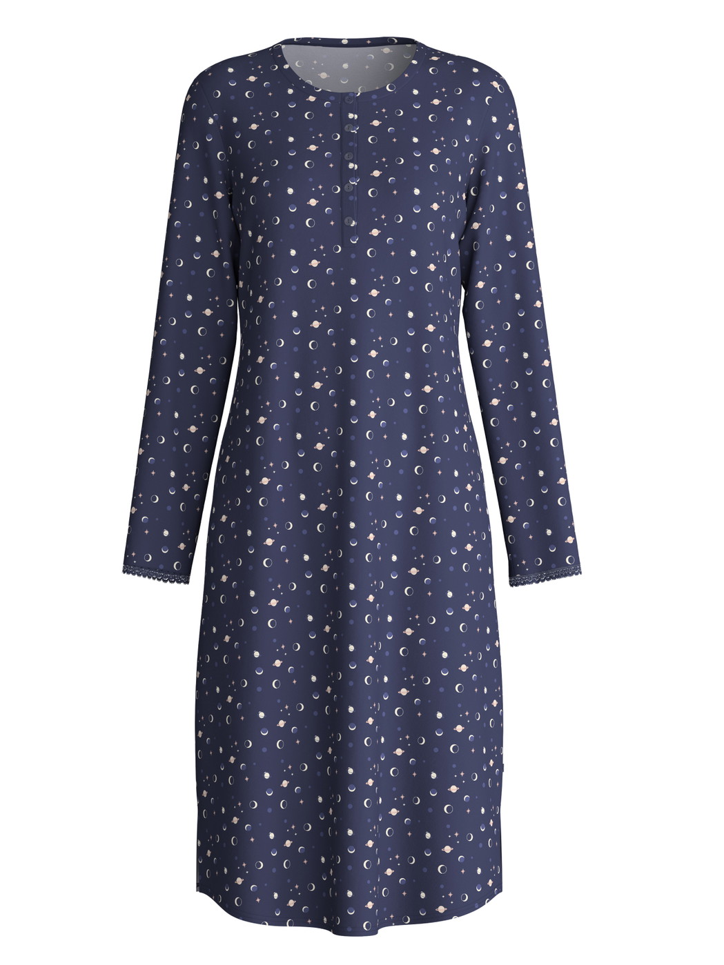 Women - Long Sleeve Nightdress – 110 cm Length made of 100% Cotton in Blue, Patterned, from the Midnight Dreams series by CALIDA