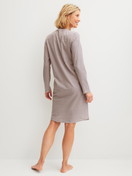 Women model is wearing Long-sleeve nightdress, length 100 cm made of 100% Cotton in Blue, Patterned from the Graphic Nights series by CALIDA, Back view