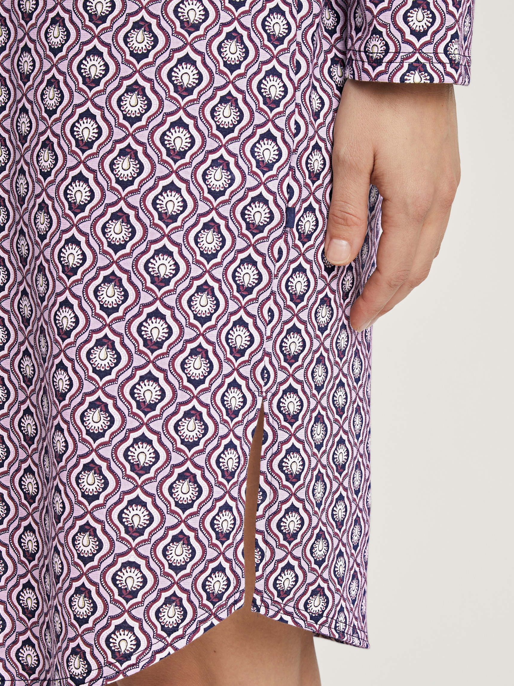 Women model is wearing Nightdress, length 100cm made of 100% Cotton in Purple, Floral from the Lovely Nights series by CALIDA, Detail