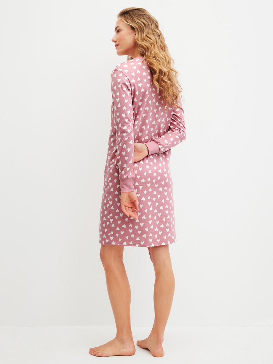 Women model is wearing Long Sleeve Nightdress – 100 cm Length made of 100% Cotton in Pink, Patterned from the Cotton Special series by CALIDA, Back view