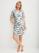 Women model is wearing Short-sleeved nightdress, length 95 cm made of 100% Cotton in Turquoise, Floral from the Botanic Dreams series by CALIDA, Front view