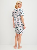 Women model is wearing Short-sleeved nightdress, length 95 cm made of 100% Cotton in Turquoise, Floral from the Botanic Dreams series by CALIDA, Back view
