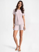 Women model is wearing Short pyjamas made of 100% Cotton in Purple, Striped from the Nightwear Xtra series by CALIDA, Front view