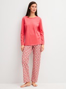 Women model is wearing Pyjamas, long made of 100% Cotton in Red, Patterned from the Cotton Special series by CALIDA, Front view
