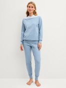 Women model is wearing Pyjama with cuff made of 100% Cotton in Grey, Striped from the Soulmate series by CALIDA, Front view