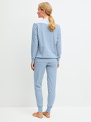 Women model is wearing Pyjama with cuff made of 100% Cotton in Grey, Striped from the Soulmate series by CALIDA, Back view