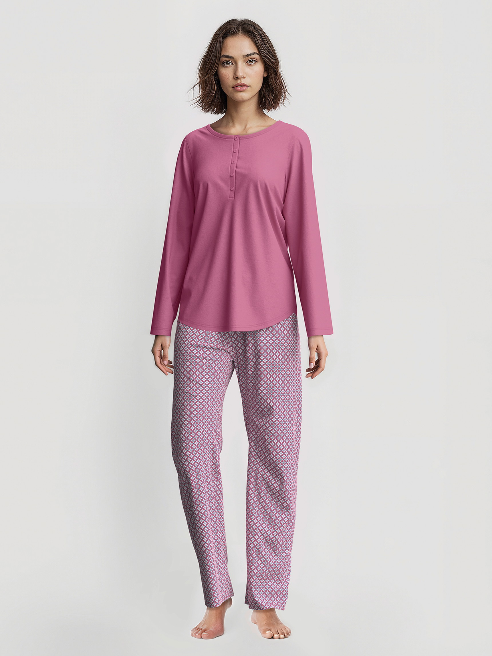 Women model is wearing Pyjama made of 100% Cotton in Purple, Motif from the Cotton Special series by CALIDA, Front view, AI-generated image
