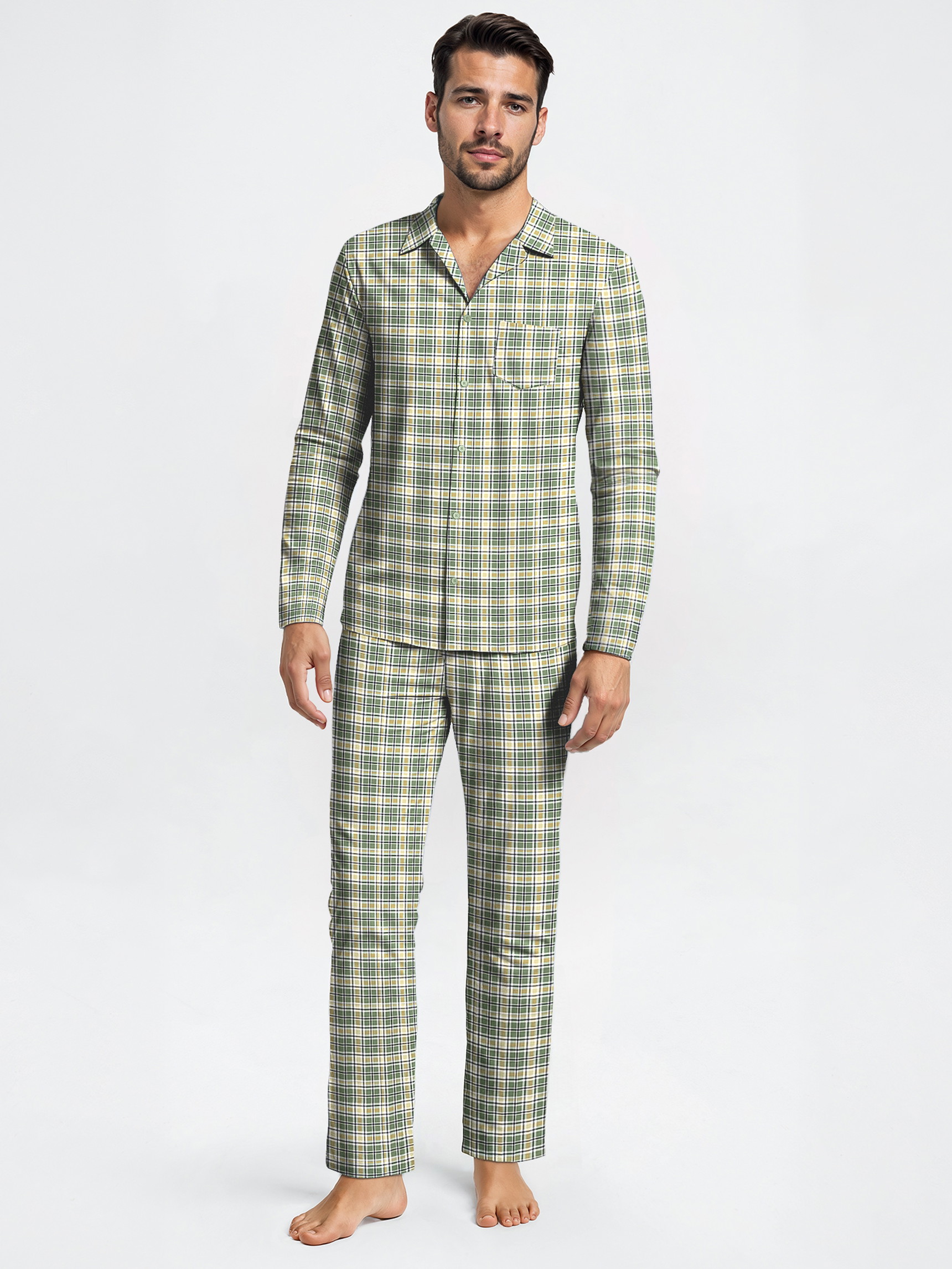 Men model is wearing Button-Up Pyjama made of 100% Cotton in Green, Checked from the Nightwear Xtra series by CALIDA, Front view, AI-generated image