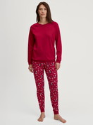 Women model is wearing Pyjama with cuff made of 100% Cotton in Red, Patterned from the Family & Friends series by CALIDA, Front view