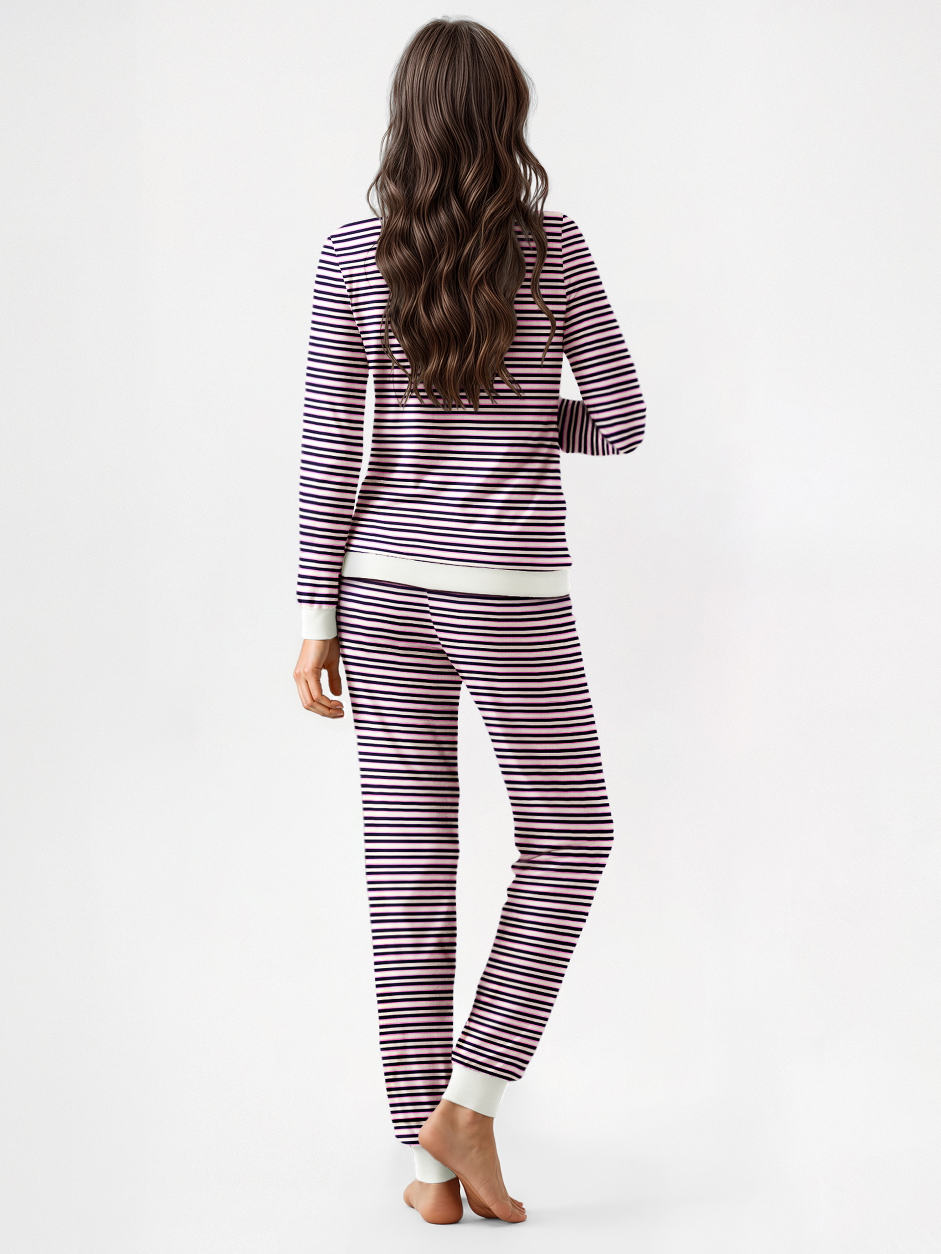Women model is wearing Pyjama with cuff made of 100% Cotton in Blue, Striped from the Nightwear Xtra series by CALIDA, Back view