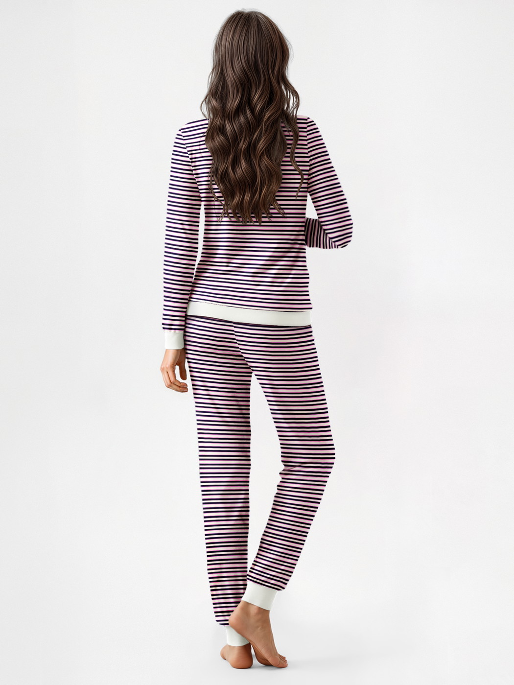 Women model is wearing Pyjama with cuff made of 100% Cotton in Blue, Striped from the Nightwear Xtra series by CALIDA, Back view, AI-generated image