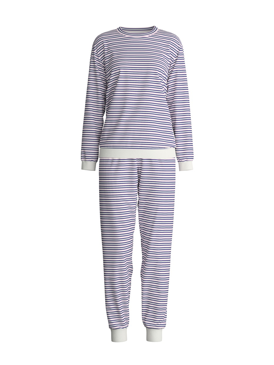 Femme - Pyjama avec bords élastiques en 100% coton de couleur Bleu, Rayée, de la série Nightwear Xtra de CALIDA