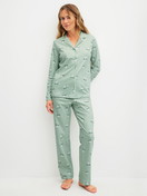 Women model is wearing Pyjamas, long made of 100% Cotton in Green, Motif from the Cat Dreams series by CALIDA, Front view