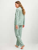 Women model is wearing Pyjamas, long made of 100% Cotton in Green, Motif from the Cat Dreams series by CALIDA, Back view