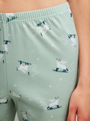 Women model is wearing Pyjamas, long made of 100% Cotton in Green, Motif from the Cat Dreams series by CALIDA, Detail