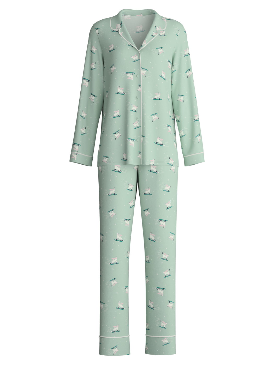 Women - Pyjamas, long made of 100% Cotton in Green, Motif, from the Cat Dreams series by CALIDA